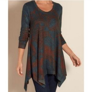 Soft Surroundings Renaissance Tunic Top Hankerchief Hem Flower Maroon  Teal XL